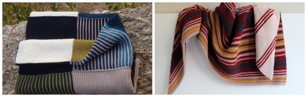 Collage with two pictures: A folded knit blanket made of different squares. Next to it: A knitted triangular shawl with irregular stripes in dark red, yellow and beige